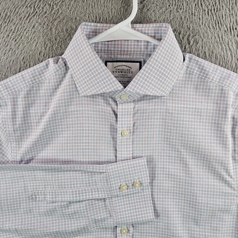 Charles Tyrwhitt Extra Slim Fit Non-Iron Check Dress Shirt 15.5 35 Blue Pink